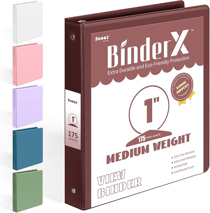 BinderX Extra Durable 3 Ring Binder, Round Ring 1 Inch, Fits 175 Sheets by Sooez