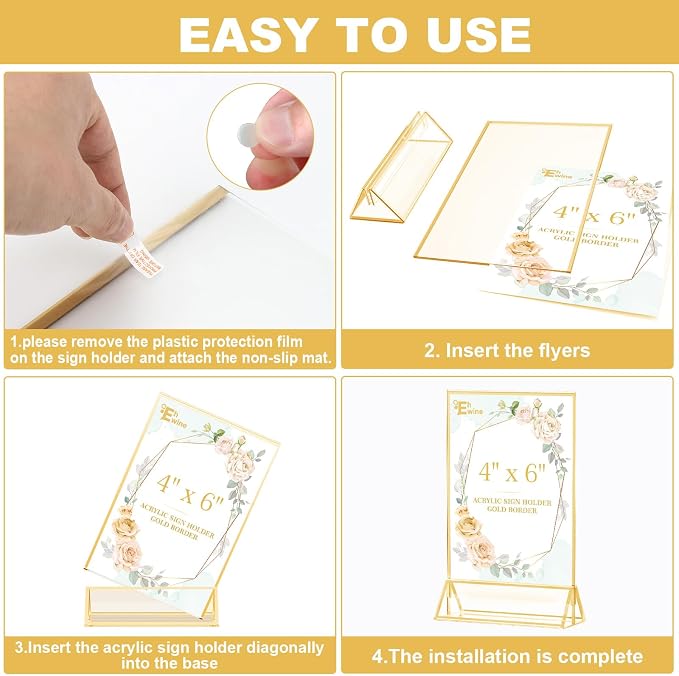EHWINE 20 Pack Acrylic Sign Holder 4 x 6, Double Sided Gold Picture Frame Stand - Image 8