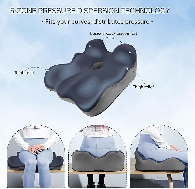 Seat Cushion, X-Large Memory Foam Office Chair Cushion, for Pressure Relief Sciatica & Pain Relief for Long Sitting Hours on Office/Home Chair, Car (Blue)-DeskLoop Office