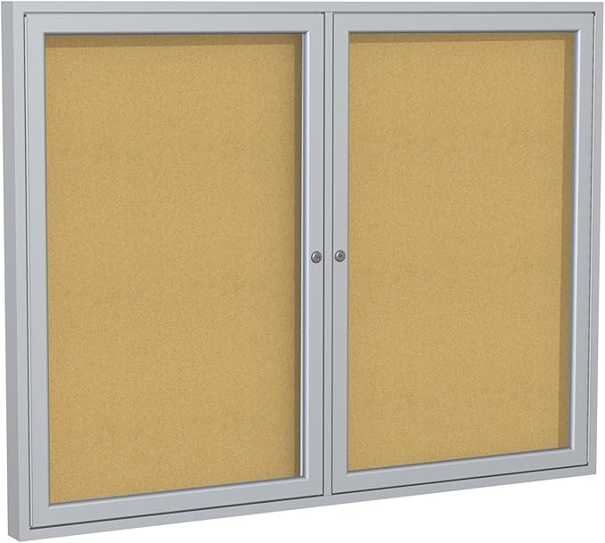 Ghent 36"x60" 2-Door indoor Enclosed Bulletin Board , Shatter Resistant, with Lock, Satin Aluminum Frame - Natural Cork (PA23660K) Made in the USA-DeskLoop Office