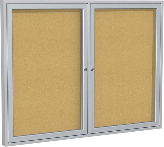 Ghent 36" x 48" 2-Door indoor Enclosed Bulletin Board, Shatter Resistant, with Lock, Satin Aluminum Frame - Natural Cork (PA234K) Made in the USA-DeskLoop Office