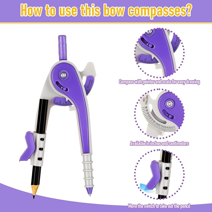 EBOOT Student Geometry Math Set, Drawing Compass and 6 Inch Clear Swing Arm Protractors 180 Degree Math Protractor (Purple)