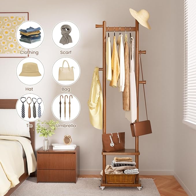 Coat Rack Freestanding Clothing Rack with Wheels & 2 Shelves Storage & 5 Hooks Heavy Duty Clothes Rack Wood Coat Tree Stand Hat Hanger Rack for Corner Bedroom Entryway Living Room Hotel-DeskLoop Office