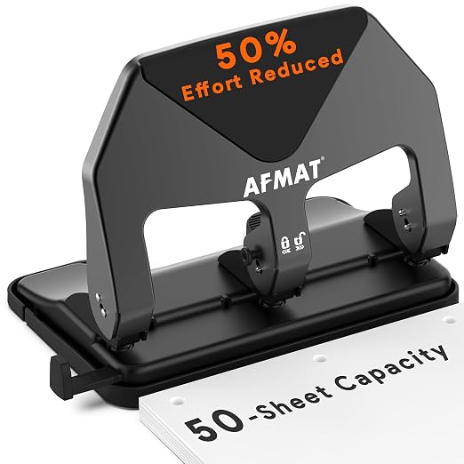 AFMAT Heavy Duty 3 Hole Punch, 50-Sheet Capacity, 50% Reduced Effort Three Hole by AFMAT