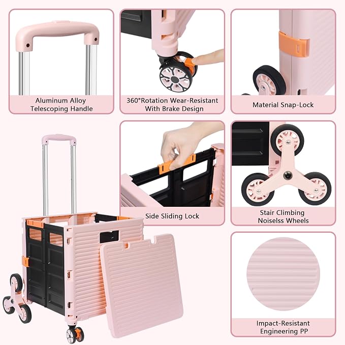 FELICON SELORSS Folding Utility Climber Cart Portable Rolling Crate-Pink | - Image 2