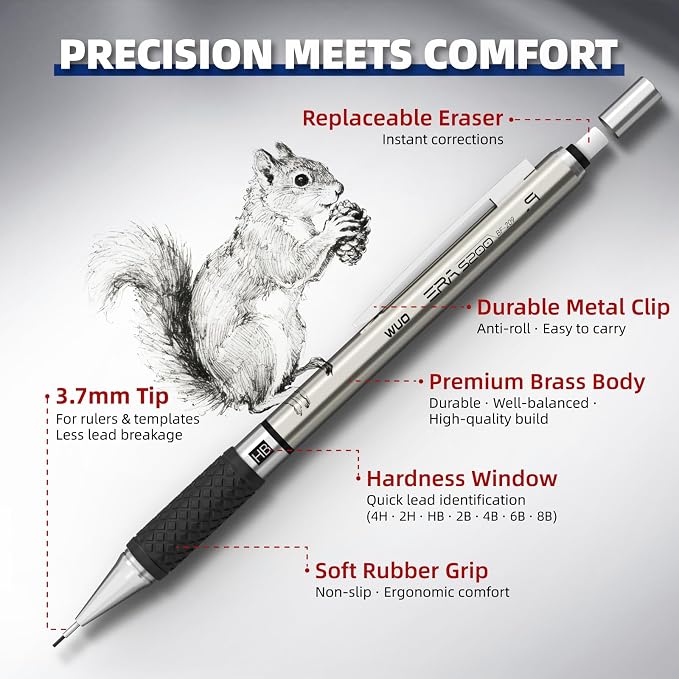 WUO 0.9mm Mechanical Pencil Set in Storage Case, 1 Eraser Pen, 12 Eraser Refills - Image 3
