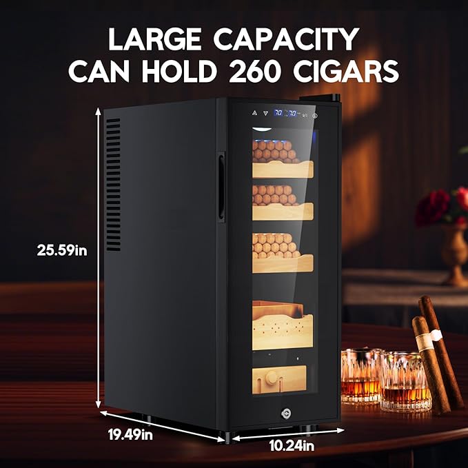 Electric Cigar Humidor Cabinet 35L, Tylza Electric Humidors for Cigars with Temp & Humidity Control, Digital Hygrometer, Lock, Refrigerator, Cigar Humidors with Cedar Wood Drawer Shelves, 260 Cigars-DeskLoop Office