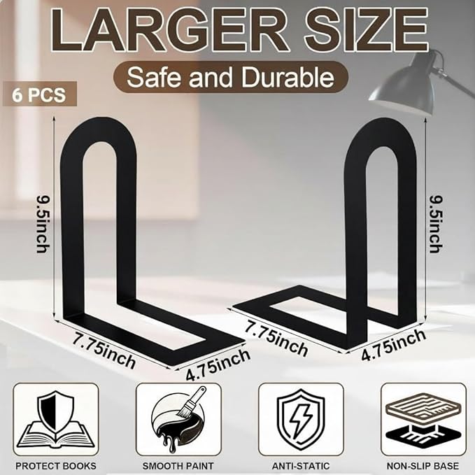 Chunful 6 Pcs Black Modern Metal Book Ends - Image 3