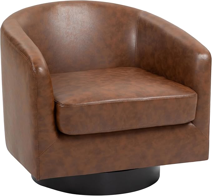 UIXE Faux Leather Swivel Accent Chair with Wood Base, Modern Upholstered Barrel Chairs for Living Room, Comfy Round Armchair Single Sofa Bedroom Reading Seat - 31" W, Coffee-DeskLoop Office