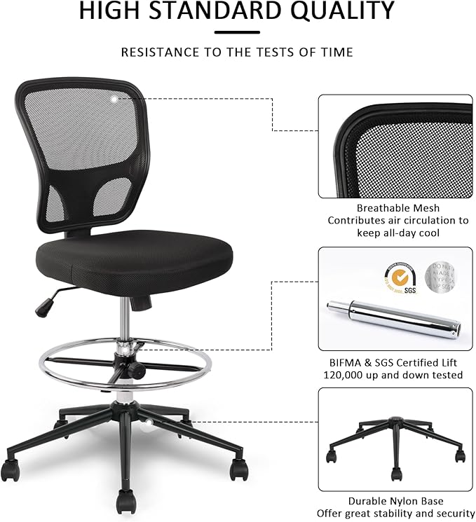 Armless Drafting Chair Tall Office Chair Adjustable Height High Back Ergonomic Desk Chair Drafting Stool Rolling Bar Stools Chairs with Footrest and Wheels-DeskLoop Office