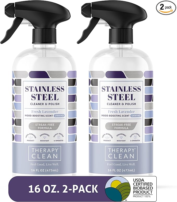 Therapy Stainless Steel Cleaner and Polish 100% USDA Biobased, Fingerprint and Residue Remover, Lavender Essential Oil Scent, Sink Cleaner, Grill Spray-DeskLoop Office