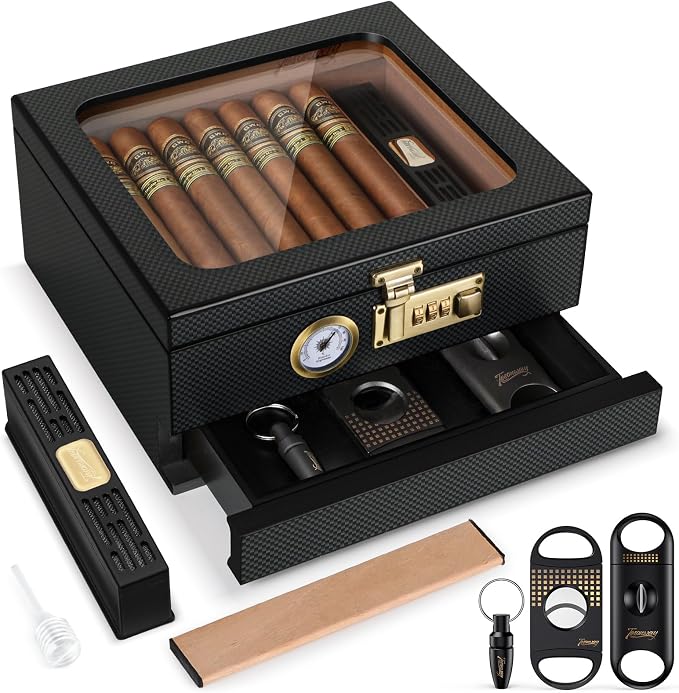 Tesonway Cigar Humidor, Cedar Wood Humidor Cigar Box, Glass Top Desktop Humidor by Tesonway