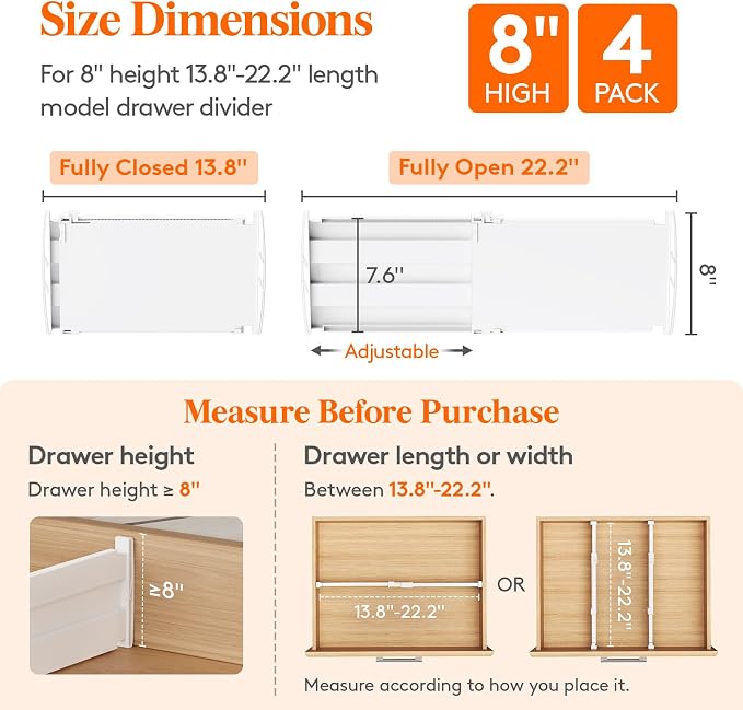 Lifewit 8" Tall 4 Pack Drawer Dividers, 13.8"-22.2" Adjustable Deep Drawer - Image 3
