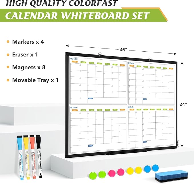 36" x 24" Magnetic Dry Erase Calendar Whiteboard, 4 Month Calendar White Board Planner, Black Aluminum Frame Wall Mounted Board for Office Home and School-DeskLoop Office