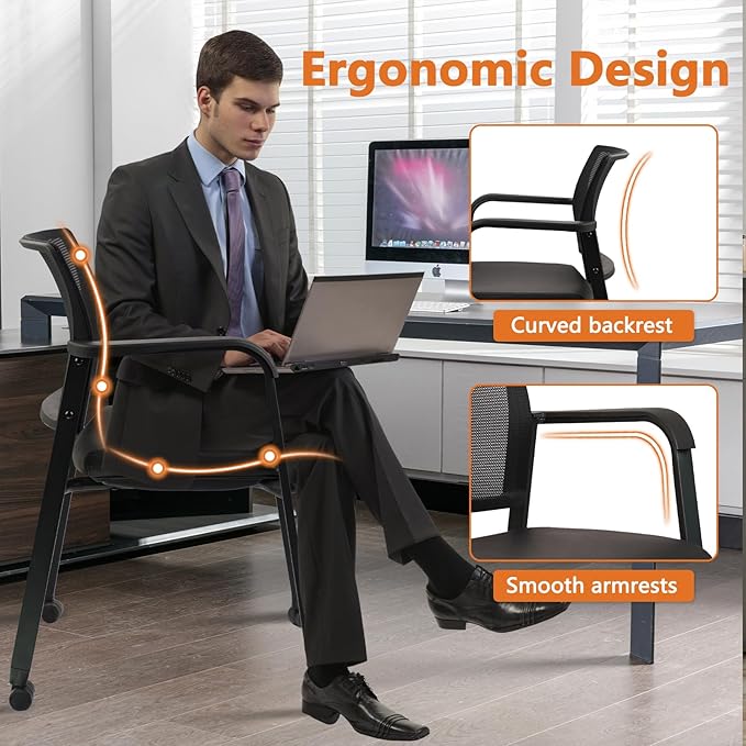 CLATINA Stacking Office Chair with Wheels, Mesh Back Waiting Room Guest Chairs with Arms Comfortable Leather Cushion Stackable Desk Chair for Conference Reception School Side Stationary, Black, 2PK-DeskLoop Office