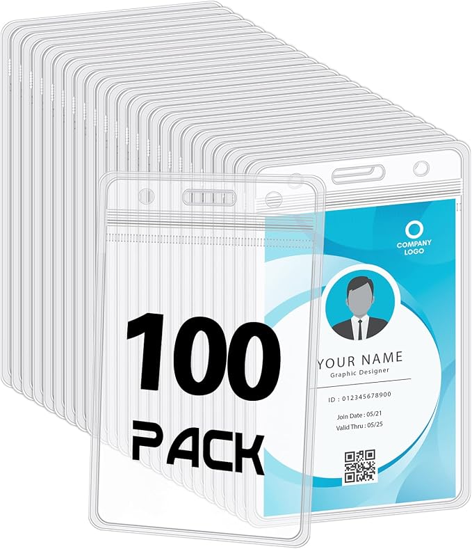 100 Pack Vertical ID Badge Holders Clear Plastic Waterproof Card Holder by BESARME
