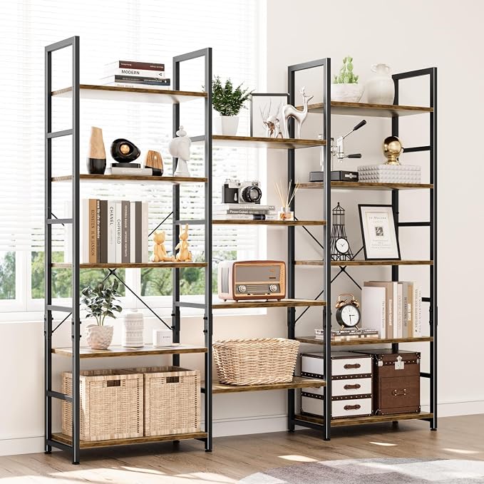 NUMENN Triple Wide 5 Tier Bookshelf, Rustic Industrial Style Bookcases - Image 2