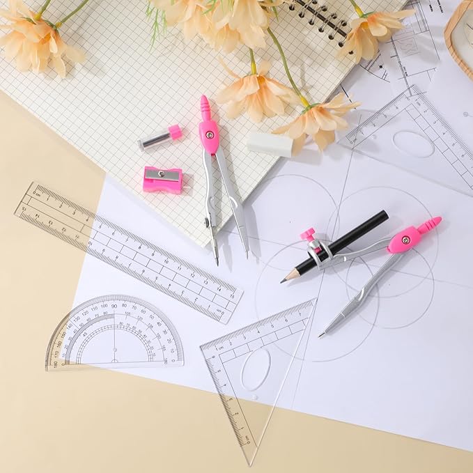 Zonon Math Geometry Set 10 Pcs Student Supplies with Shatterproof Storage Box, Includes Rulers Protractor Compass Pencil Sharpener Lead Refills Eraser Pencil for Drafting and Drawings(Pink)-DeskLoop Office