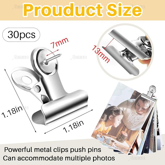 AUEAR, 30 Pack Metal Push Pin Clips Bulldog Heavy Duty Thumb Tacks - Image 7