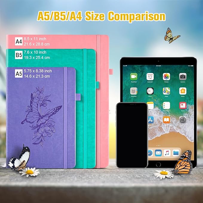 Lined Notebook Journal for Women Men, 312 Numbered Pages B5 Thick Leather Journals for Writing, Daily Diary Journal for Work School, Hardcover College Ruled Notebook, Butterfly Flower Notebook, Yellow-DeskLoop Office