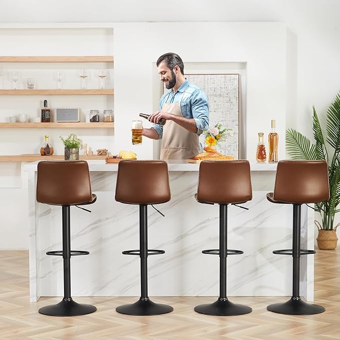 HeuGah Bar Stools Set of 3, Swivel Counter Height Barstools with Back, Adjustable Height 24" to 32", Brown Faux Leather Bar Chairs for Kitchen Island (Brown, Set of 3 (24'' to 32''))-DeskLoop Office