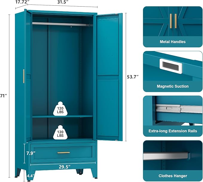 Farmhouse Wardrobe Cabinet with 2 Drawers,Metal Wardrobe Closet with Hanging Rod,Metal Armoire with Adjustable Shelves for Bedroom,Living Room, Cloak Room,Office (Blue)-DeskLoop Office