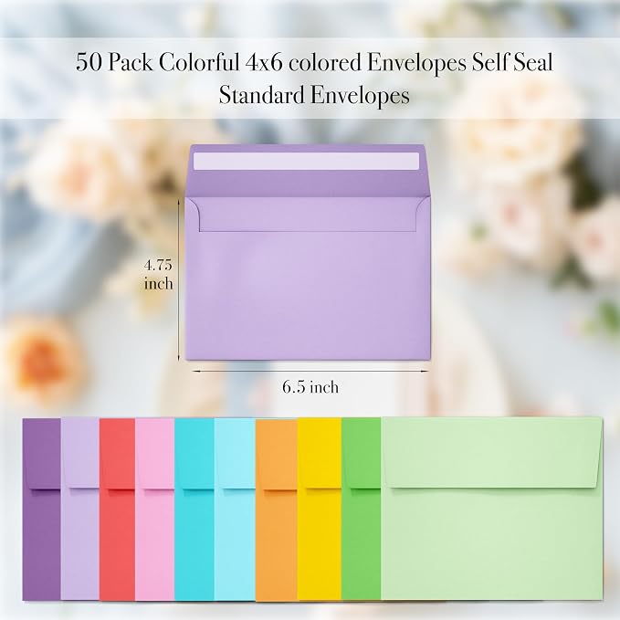 Slapaflife 50 pack 4x6 envelopes, 4x6 colored envelopes - Image 3
