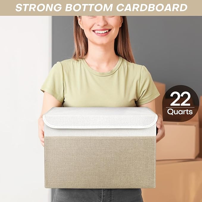 Large 22 Quart Linen Fabric Foldable Storage Bin Cube Organizer Basket with Flip-Top Lid & Handles, Clothes Blanket Box for Home, Office, Closet, Beige & White, 4 Pack 14.6 x 9.5 x 9.5”-DeskLoop Office