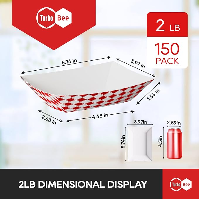 Turbo Bee Red White Checkered Paper Food Trays 2lb, 150 Pack - Image 2