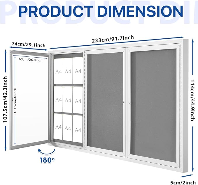SWANCROWN Outdoor Bulletin Board 94x48in, Enclosed Bulletin Board with Locking Door for Office School Commerce, Grey Felt, Sliver Aluminum Frame-DeskLoop Office