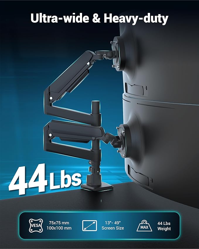 Dual Monitor Arm for 13-49 Inch Ultrawide Screens, Heavy Duty Monitor Mount for 2 Monitors up to 44lbs, Full Motion Vertical Stacked Dual Monitor Arm Desk Mount, 75/100mm VESA Mount, Black-DeskLoop Office