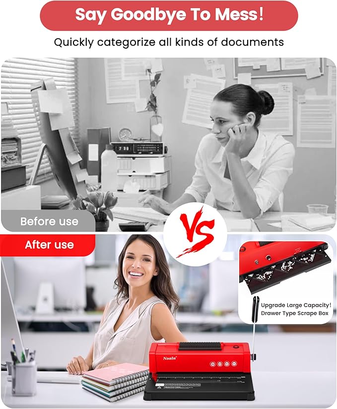 46-Hole Binding Machine Spiral Coil Binder Classic Red,DIY Book Binder Kits with Electric Coil Inserter,100pcs Comb Binding Spines,for Letter Size/A4/A5 School Office Home-DeskLoop Office