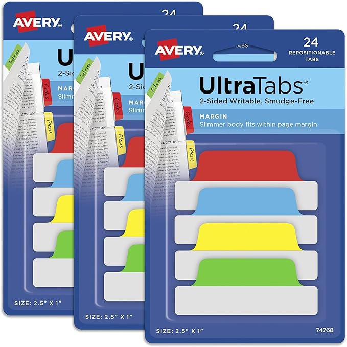 Avery Margin Ultra Tabs, 2.5" x 1", 2-Side Writable, 24 Repositionable Page by Avery