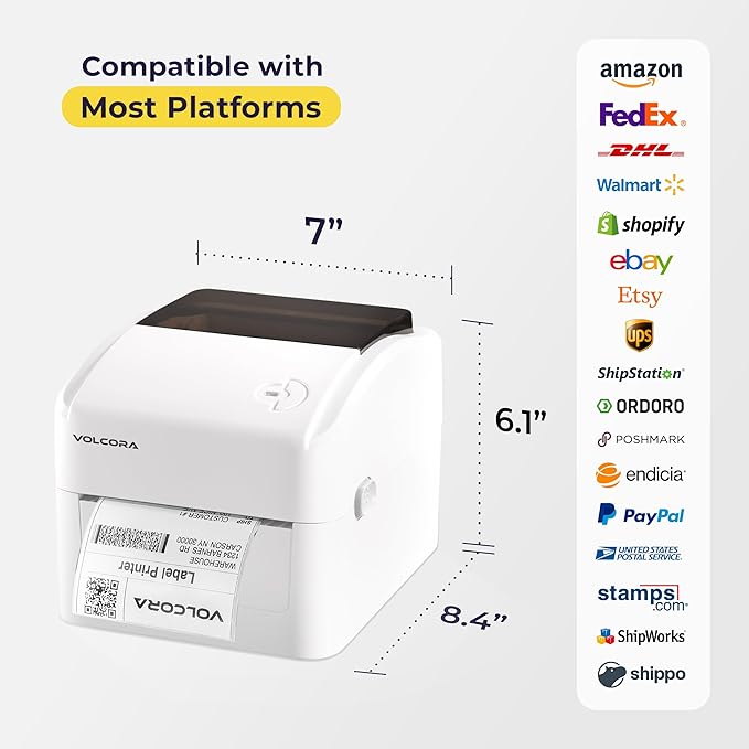 Volcora Thermal Label Printer with Ethernet/USB - Desktop 4x6 Shipping Label Printer, Compatible with Windows, Linux, Mac - Ideal for Small Business, Inkless Printer for Shipping Packages (White)-DeskLoop Office