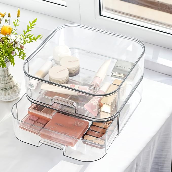 Set of 2 Stackable Storage Drawers - 7.8" Clear Plastic Drawer Storage, Acrylic Makeup Organizer, Desk Counter Cabinet Office Organizer, Bathroom Organizers and Storage (Square/Set of 2)-DeskLoop Office