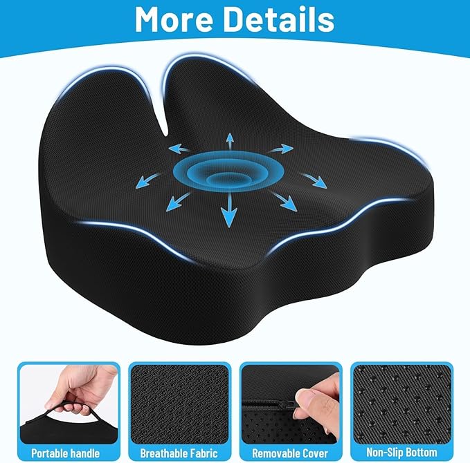 Seat Cushion, Memory Foam Office Chair Cushions, Ergonomic Curved Design for Sciatica, Tailbone, Coccyx, Seat Support for Car, Desk Chair, Wheelchair, Enhances Long Sitting Comfort (Black)-DeskLoop Office