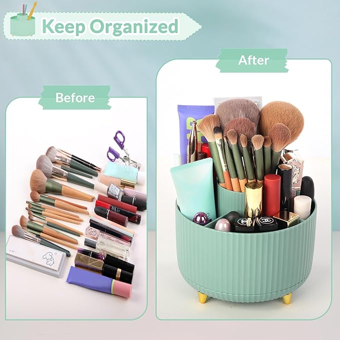 SKYDUE 360 Degree Rotating Desk Organizer, Dual-Purpose Pencil Pen Holder for Desktop, Rotating Desk Pen Organizer with 5 Slots, Pencil Cup for School, Home, Office Supplies (Bean Green)-DeskLoop Office