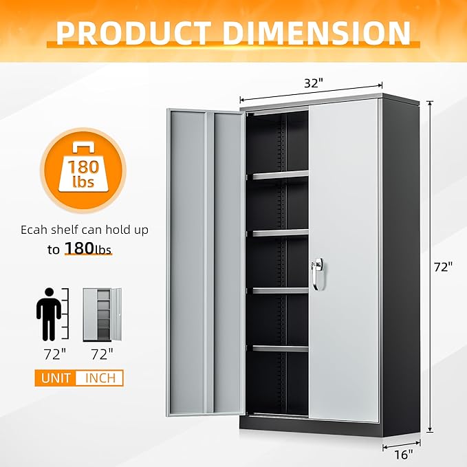 INTERGREAT Metal Storage Cabinet with Doors and Shelves,72" H Black Gray Steel Tool Locking Cabinet, Metal Storage Cabinet for Home Office, Warehouse, School-DeskLoop Office