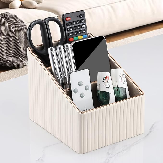 KINGFOM Remote Control Holder with 3 Compartments, Pu Leather Remote Caddy Desktop Organizer for TV, CD, Blu-Ray, Media Player, Heater Controllers and Cosmetics Office Supplies Light Beige-DeskLoop Office