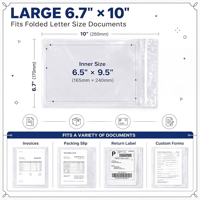 Glenmal 250 Pcs 6.7" x 10" Resealable Packing List Envelopes Clear - Image 2
