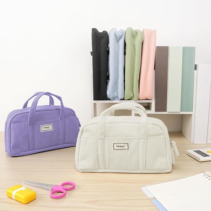 Sooez Large Pencil Case Pouch, Extra Big Pencil Bag with 5 Compartments, Pen Bag Wide Opening, Soft Corduroy Pencil Organizer with Zipper, Cute Aesthetic School Supplies for Teen Girls Light Pink-DeskLoop Office