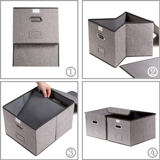 PRANDOM File Organizer Box - Set of 2 Collapsible Decorative Linen Filing Storage Hanging File Folders with Lids Office Cabinet Letter Size (15x12.2x10.75 inch)-DeskLoop Office