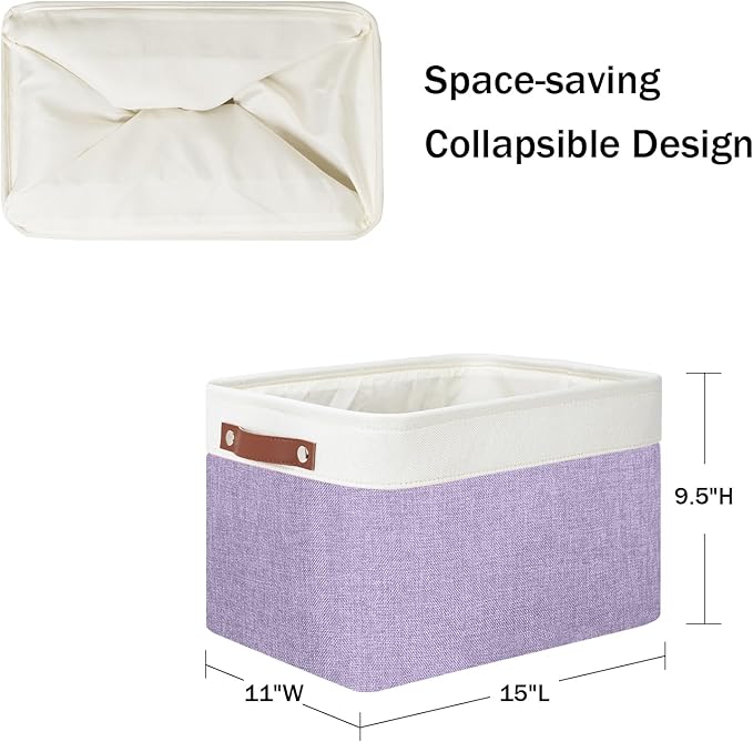 DULLEMELO Storage Baskets for Organizing, Shelves,Bedroom, Decorative Storage Bins with Leather Handles, Fabric Storage Basket for Office, Toys(3-Pack, White&Purple)-DeskLoop Office