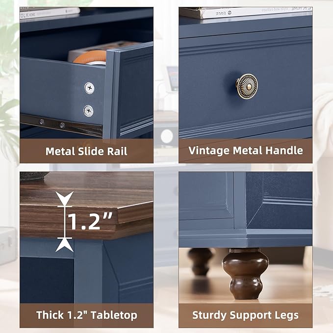 24" Wide Farmhouse Nightstand Set of 2 with Charging Station,End Table with 2 Drawers,Blue Wood Dresser for Bedroom Cabinet, Bed Side Table Chest of Drawers, Night Stand for Living Room, Closet-DeskLoop Office