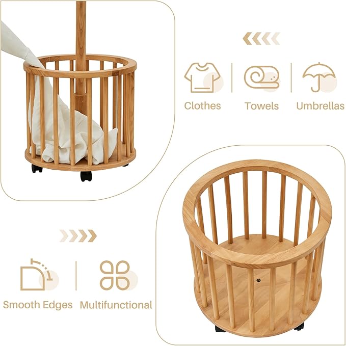 Uniclinens Solid Wood Coat Rack Freestanding with Umbrella Holder, Tree Coat Rack Stand with Lockable Universal Casters & 12 Hooks for Entryway Bedroom, Natural-DeskLoop Office