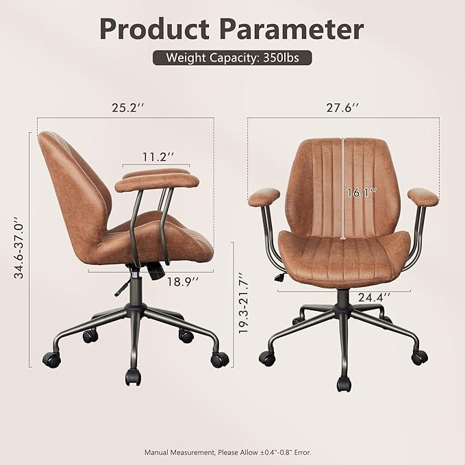 Mid Century Modren Office Chair - Mid Back Swivel Executive Chair with Lumbar Support,Ergonomic Computer Desk Chair with Wheels,Faux Lether Suede Task Chair,350lbs (Brown, Mid Back)-DeskLoop Office