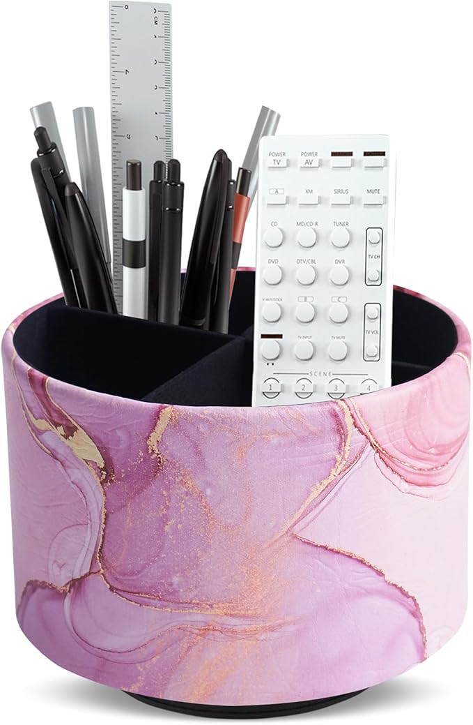 Round Leather Art Supply Organizer,Remote Control Holder,360-degree Rotating Pen Organizer with 4 Compartments(1-Pink Splash Ink)-DeskLoop Office