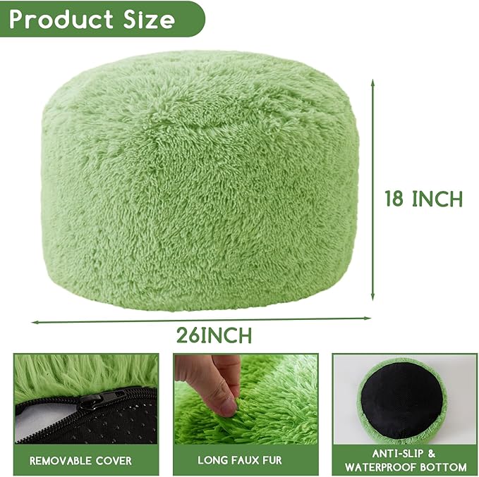 HIGOGOGO Round Stuffed Pouf Ottoman, Long Faux Fur Poufs with Foam Chunk Filling, Fluffy and Furry Pouf Foot Stool Storage Ottoman, 26 X 18 Floor Poufs Foot Rest for Living Room, Green-DeskLoop Office