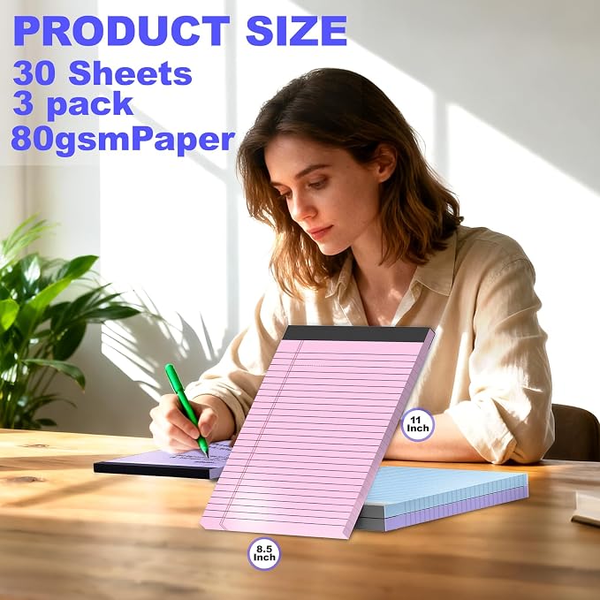 3 Pack Colored Legal Pads 8.5 x 11 Inch, Wide Ruled Notepads Lined Memo Note - Image 2