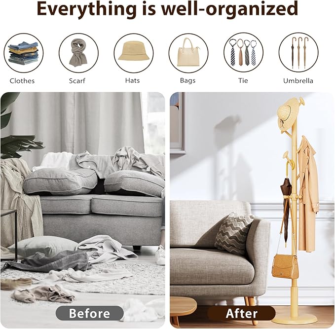 Solid Wood Coat Rack Freestanding Coat Tree with 10 Hooks for Bedroom, Livingroom, Entryway, Sturdy Coat Hanger Stand for Hats, Coats, Scarves, Handbags, Purses-DeskLoop Office